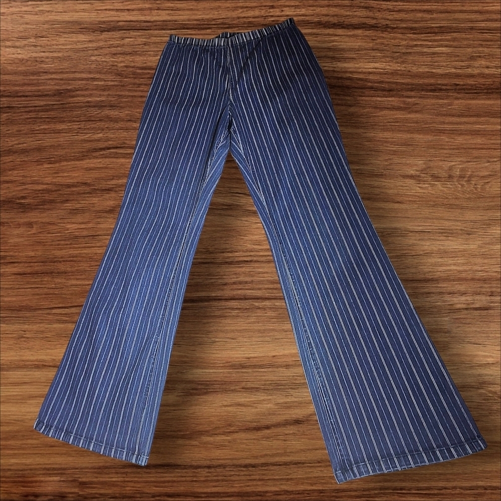 MetroStyle Blue & White Pinstripe Pull-On Comfy Cotton Pants Women Size Large